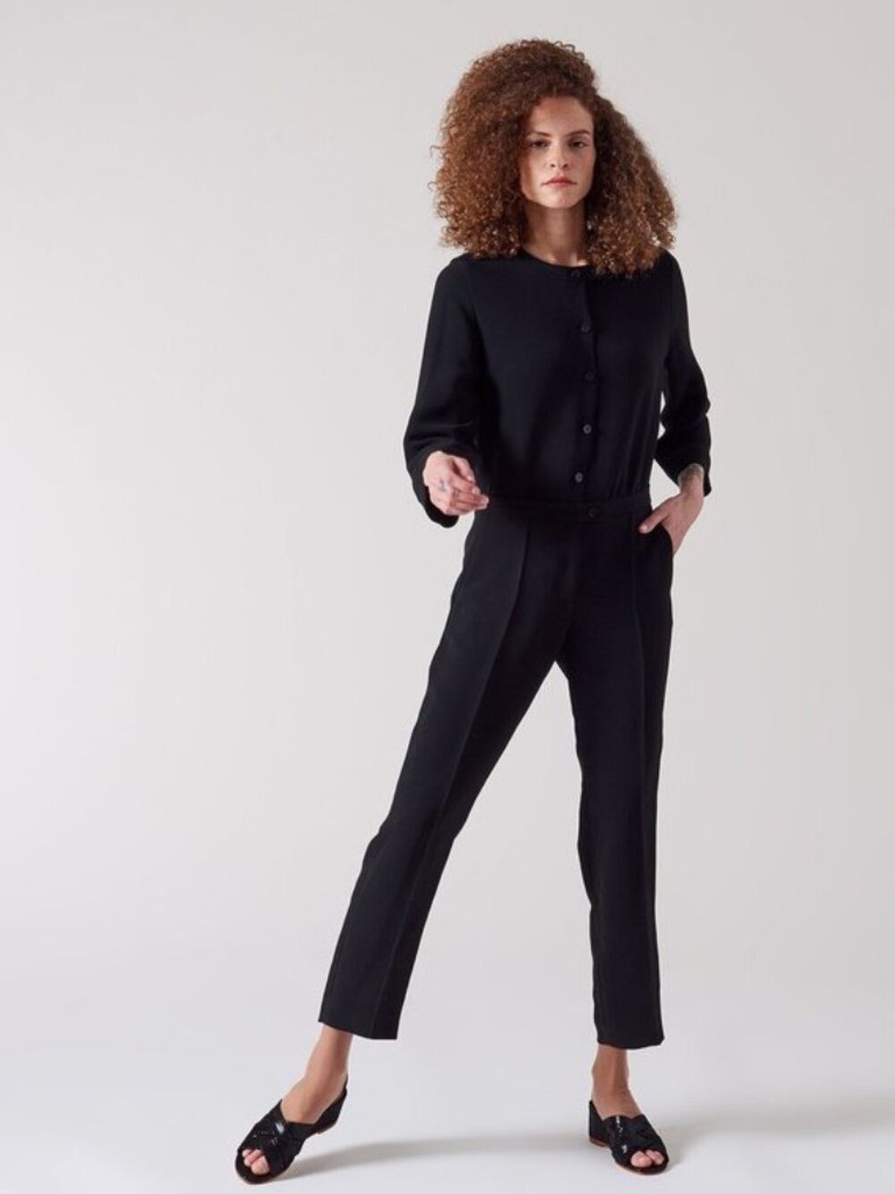 A.P.C. Marina Crew Neck Playsuit Jumpsuit Button Front Trousers Pockets One Pc